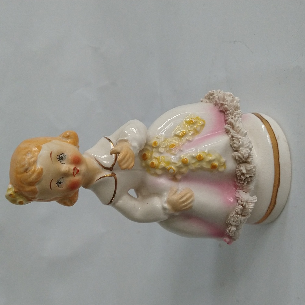 Vintage Spaghetti Girl Figurine Yellow Flowers Pink Dress Ceramic Japan